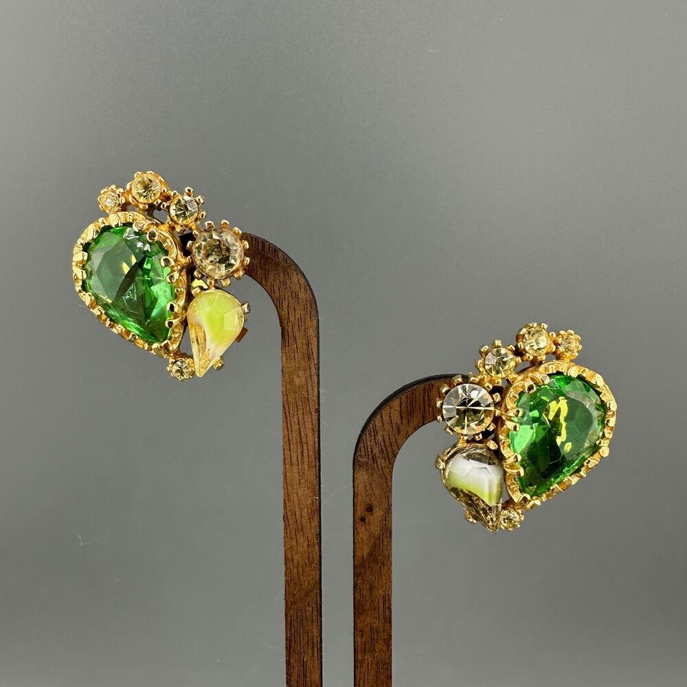Vintage ART Rhinestone Earrings Green Teardrop Gold Tone Signed Arthur Pepper